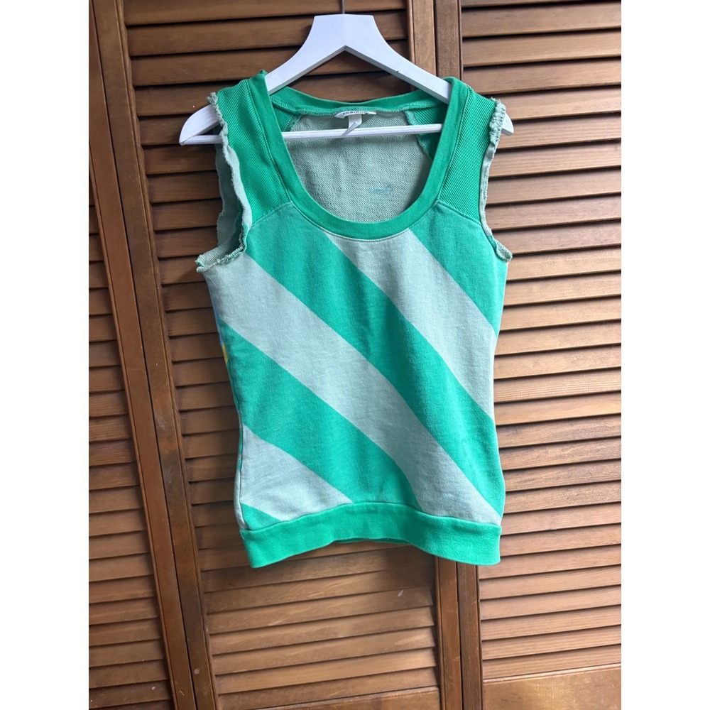 Kidrobot Womens XS Green Striped Sleeveless Sweatshirt Graphic Back Raw Edge Top